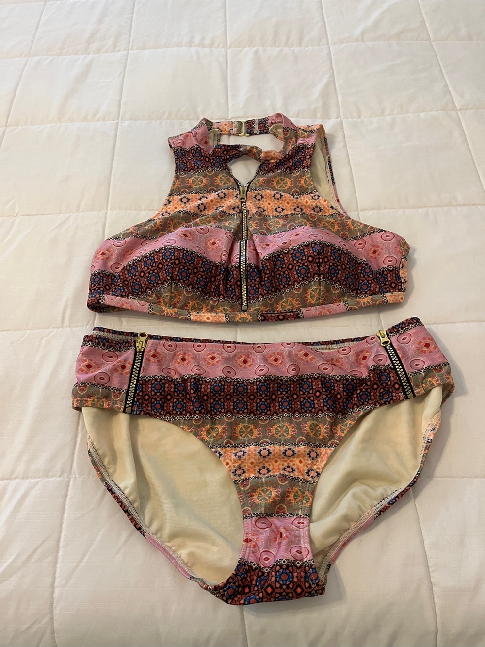 Time and Tru Pink Patterned Zip-Front Bikini Set